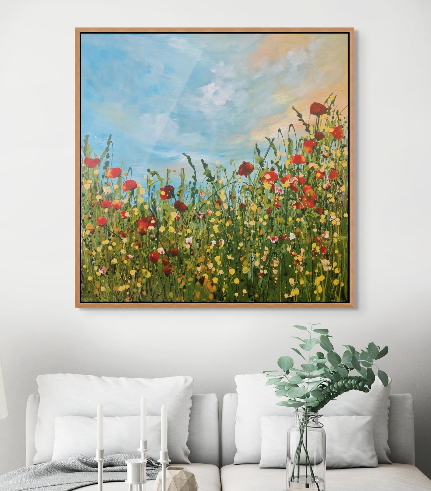 Abstraktes florales Acrylgemälde mit roten Blumen auf grüner Wiese unter blauem Himmel, 100x100 cm, Originalkunst auf Leinwand