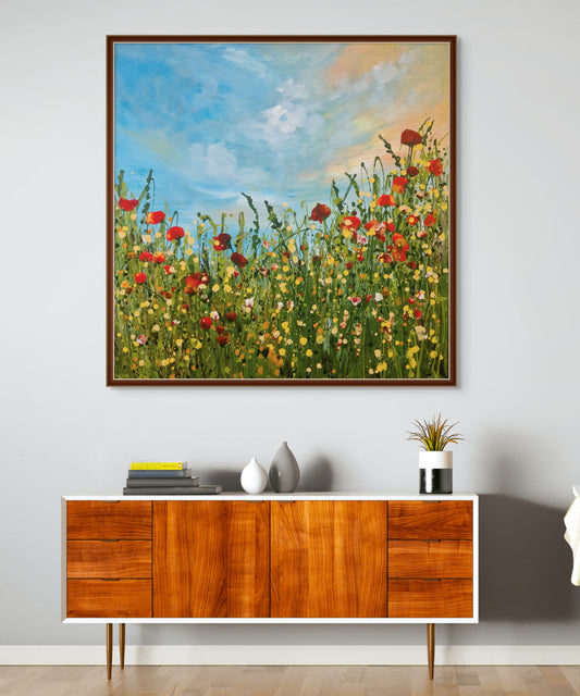 Abstraktes florales Acrylgemälde mit roten Blumen auf grüner Wiese unter blauem Himmel, 100x100 cm, Original auf Leinwand